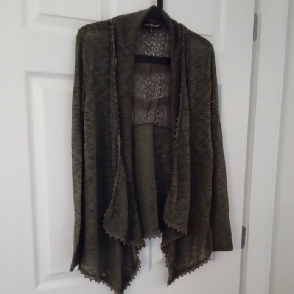 Almost Famous Olive Draped Front Waterfall Cardigan With Lace Back Small